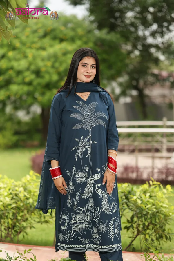 Navy_Blue_Digital_Print__Cambric_Cotton_Printed_Dupatta_3_Pcs_Kurti_Set_For_Women