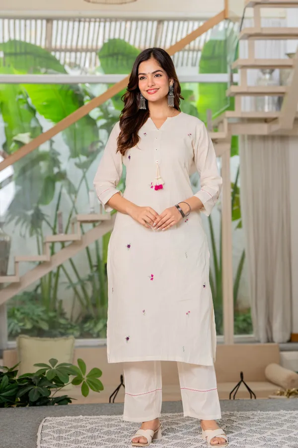 Off White Embroidered Cotton A-line Kurta Pant Sets main image 0