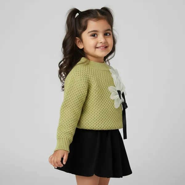 Green_&_Black_3D_Woolen_Top_&_Skirt_Winter_Dress_For_Girls