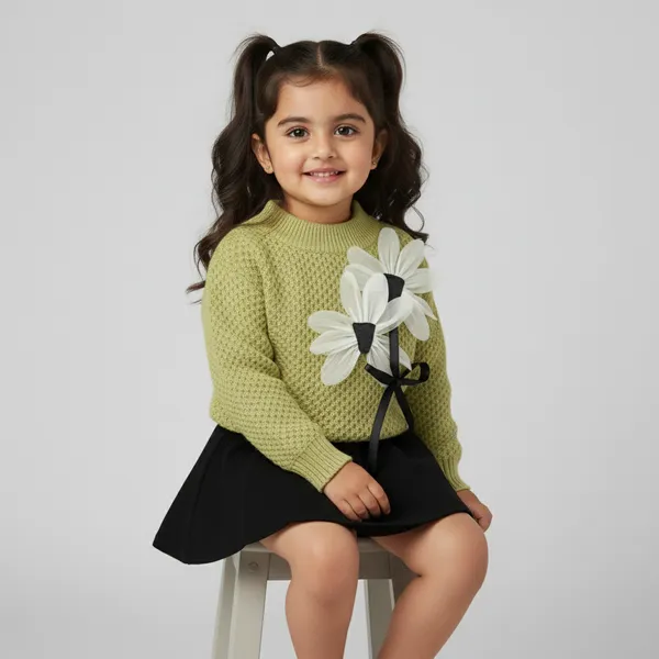 Green_&_Black_3D_Woolen_Top_&_Skirt_Winter_Dress_For_Girls