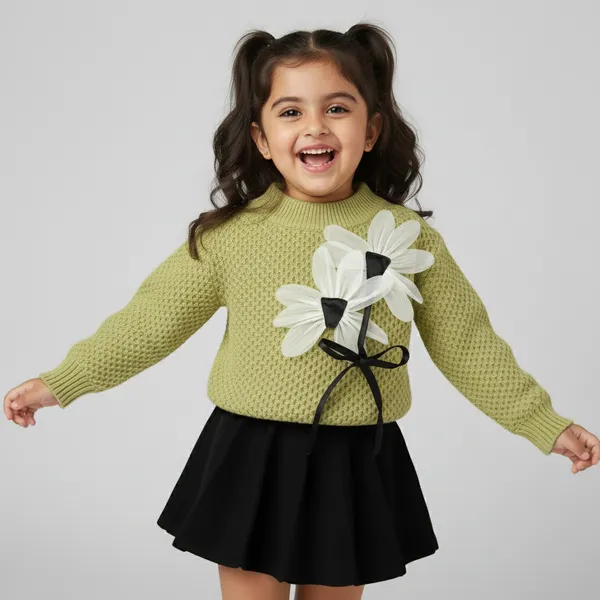 Green_&_Black_3D_Woolen_Top_&_Skirt_Winter_Dress_For_Girls