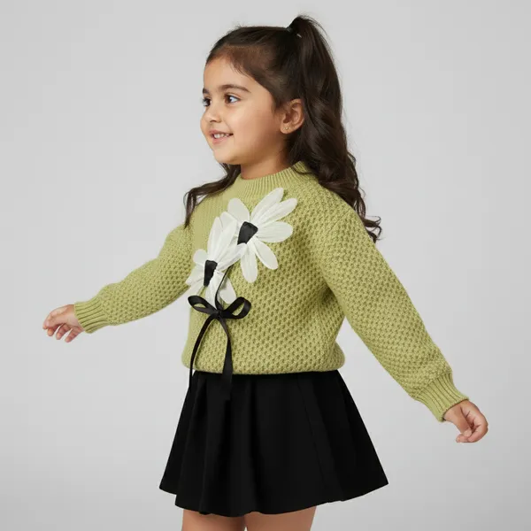 Green_&_Black_3D_Woolen_Top_&_Skirt_Winter_Dress_For_Girls