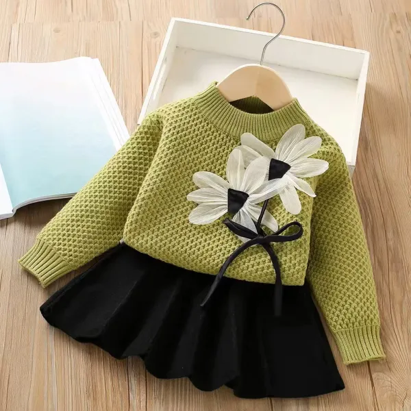 Green_&_Black_3D_Woolen_Top_&_Skirt_Winter_Dress_For_Girls