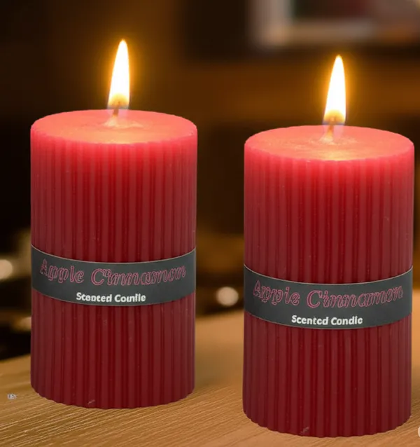 Stone_&_Feather_Apple_Cinnamon_Ribbed_Pillar_Candle,_Size-2x3_Inch(Set_of_2),_Burn_Time-20_Hours_Each,_Suitable_for_Decoration,_Aromatherapy,_Home_Decoration,_and_Party_Decor.