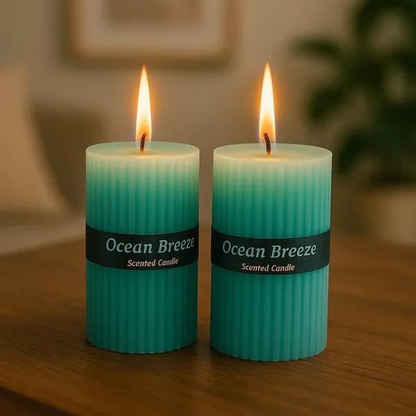 Stone_&_Feather_Ocean_Breeze_Ribbed_Pillar_Candle,_Size-2x3_Inch_(Set_of_2),_Burn_Time-20_Hours_Each,_Suitable_for_Decoration,_Aromatherapy,_Home_Decoration,_and_Party_Decor.