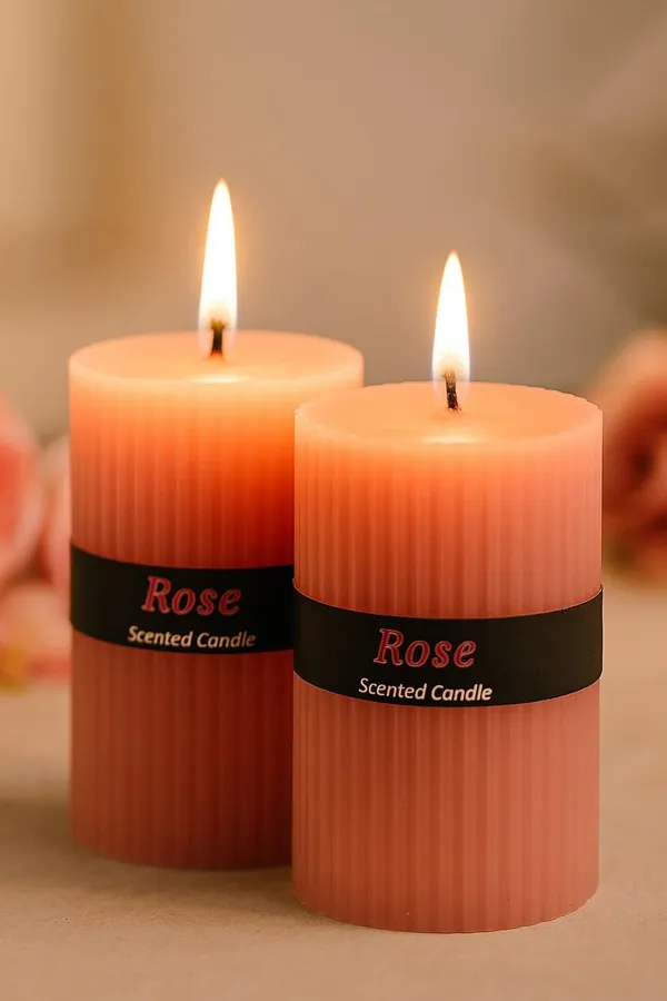 Stone_&_Feather_Rose_Ribbed_Pillar_Candle,_Size-2x3_Inch(Set_of_2),_Burn_Time-20_Hours_Each,_Suitable_for_Decoration,_Aromatherapy,_Home_Decoration,_and_Party_Decor.