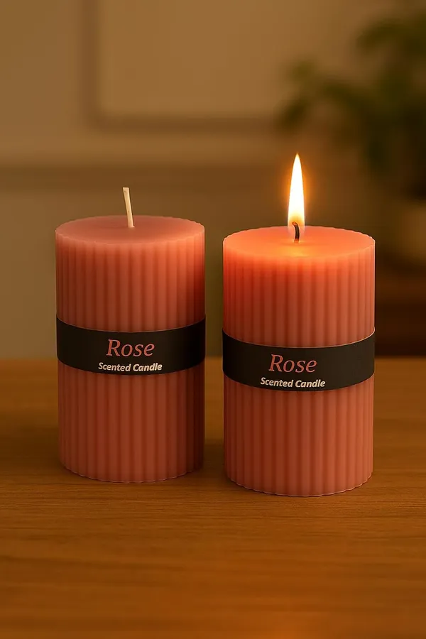 Stone_&_Feather_Rose_Ribbed_Pillar_Candle,_Size-2x3_Inch(Set_of_2),_Burn_Time-20_Hours_Each,_Suitable_for_Decoration,_Aromatherapy,_Home_Decoration,_and_Party_Decor.