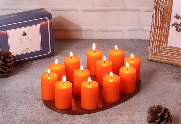Pack_Of_12_Orange_Unscented_Paraffin_Wax_Cylindrical_Pillar_Candle_|_(8_Hr)_(1.5x2_Inch)