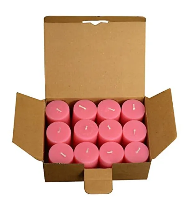 Pack_Of_12_Pink_Unscented_Paraffin_Wax_Cylindrical_Pillar_Candle_|_(8_Hr)_(1.5x2_Inch)