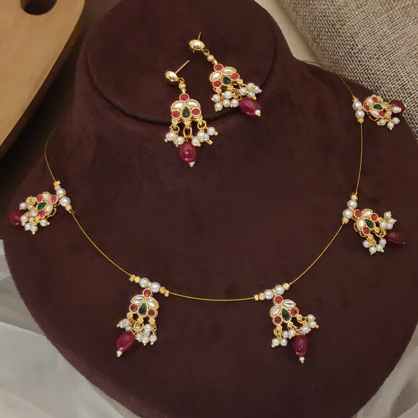 Gold_Royal_Emerald_Drop_Necklace_Set_Polki_Kundan_&_Maroon_Pearl_Elegance_For_women