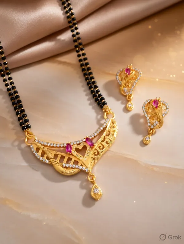 Heart_Filigree_Ruby_Mangalsutra_Set_�_Gold_Plated_Double_Chain_with_Matching_Earrings