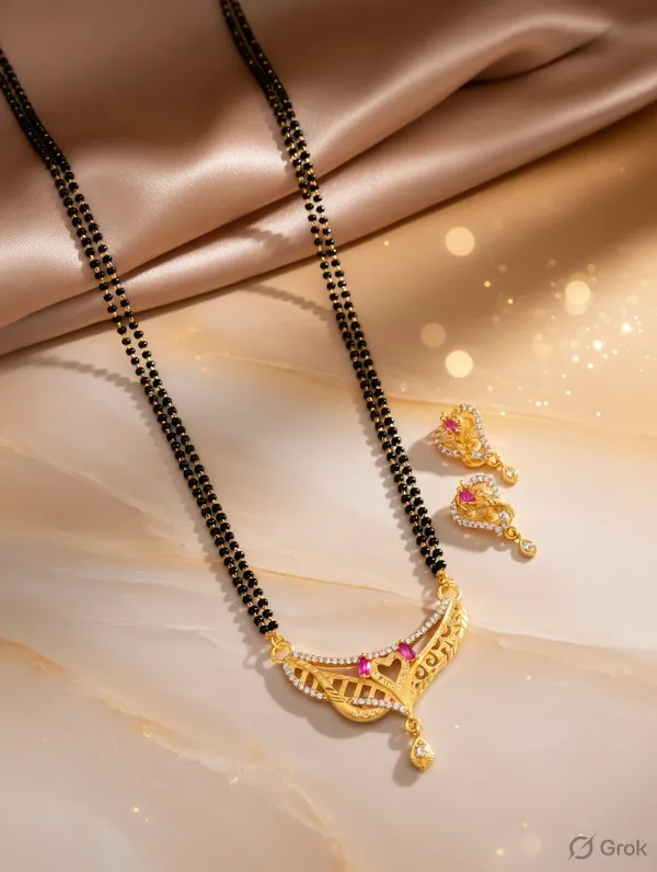 Heart_Filigree_Ruby_Mangalsutra_Set_�_Gold_Plated_Double_Chain_with_Matching_Earrings