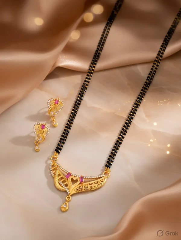 Heart_Filigree_Ruby_Mangalsutra_Set_�_Gold_Plated_Double_Chain_with_Matching_Earrings