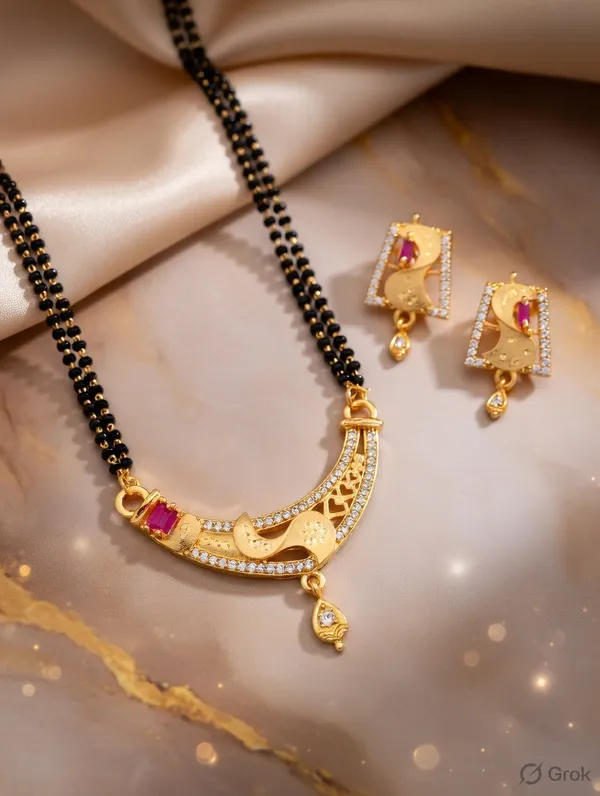 Geometric_Crescent_Ruby_Mangalsutra_Set_�_Gold_Plated_Rectangular_Drop_Earrings