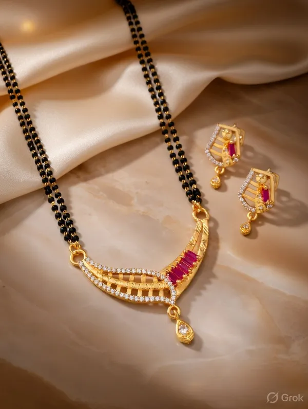 22K_Gold_Tone_Geometric_Lattice_Mangalsutra_Set_�_Ruby_Pink_Baguette_Accents_&_CZ_Diamonds_�_Traditional_Double_Layer_Black_Bead_Chain_for_Women