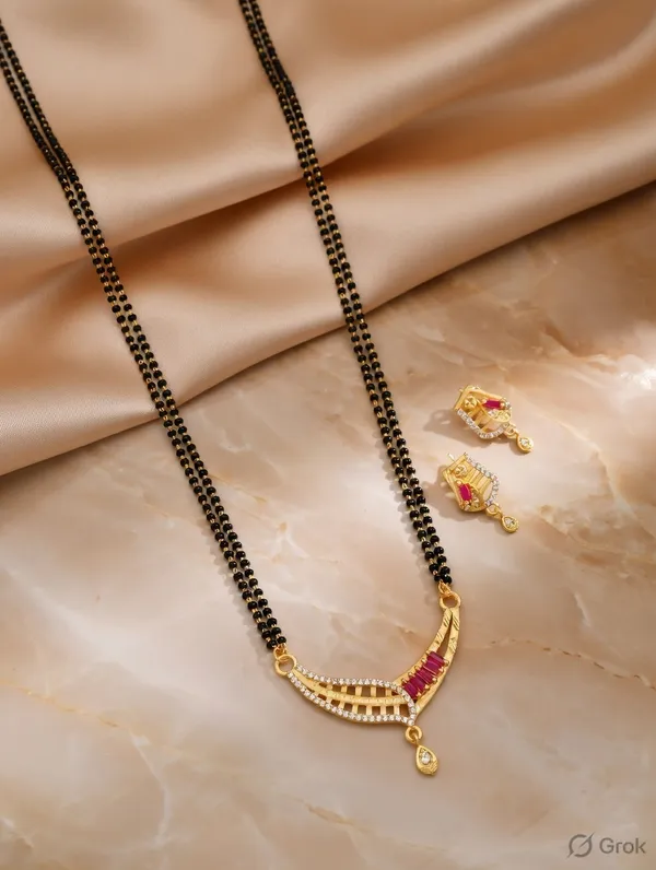 22K_Gold_Tone_Geometric_Lattice_Mangalsutra_Set_�_Ruby_Pink_Baguette_Accents_&_CZ_Diamonds_�_Traditional_Double_Layer_Black_Bead_Chain_for_Women