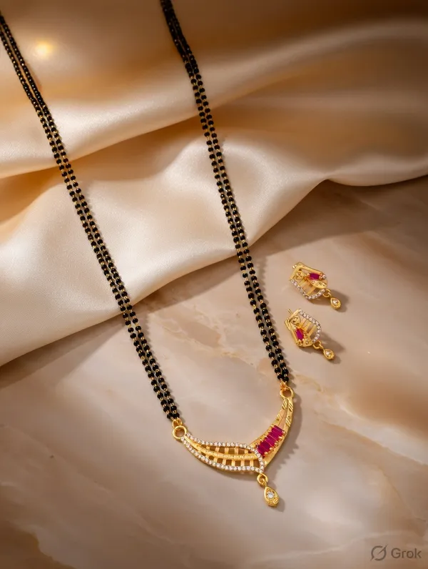 22K_Gold_Tone_Geometric_Lattice_Mangalsutra_Set_�_Ruby_Pink_Baguette_Accents_&_CZ_Diamonds_�_Traditional_Double_Layer_Black_Bead_Chain_for_Women