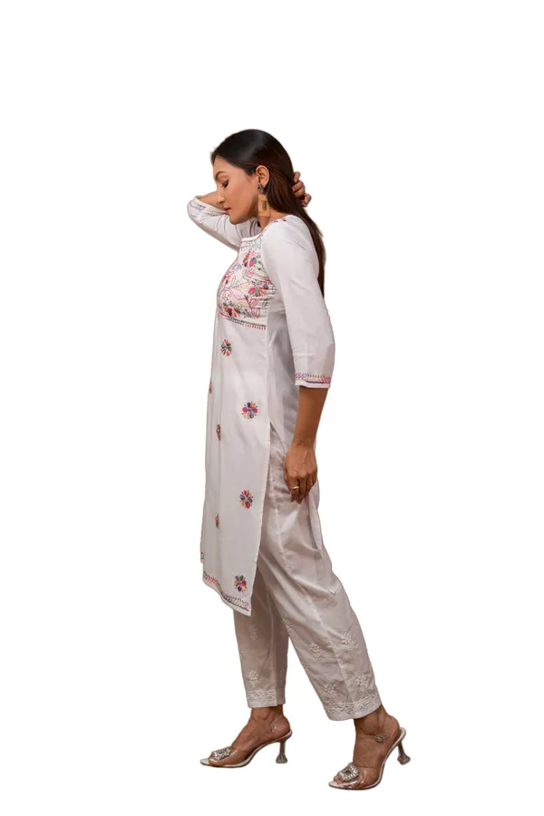 Multicolor_Chikankari_on_White_Kurti_for_Women