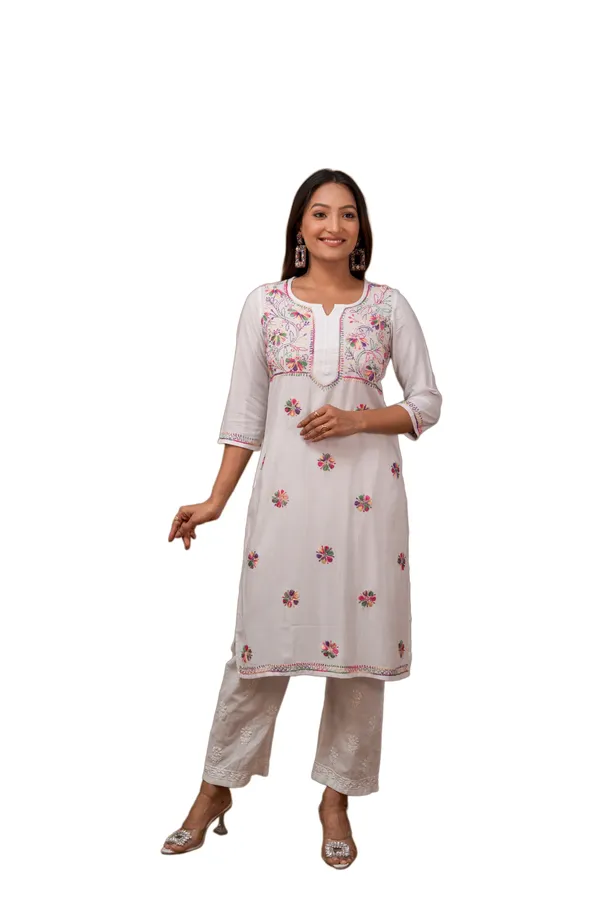 Multicolor_Chikankari_on_White_Kurti_for_Women