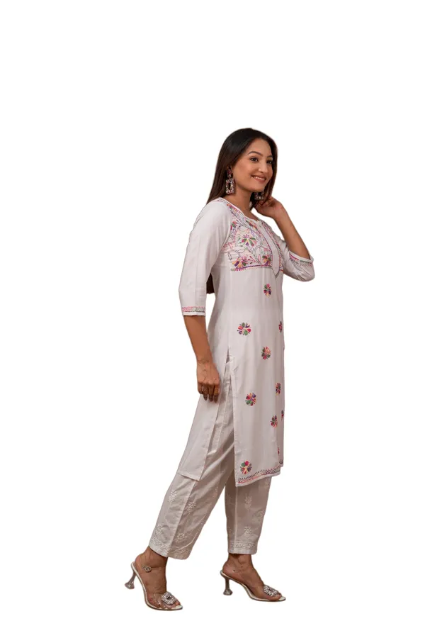 Multicolor_Chikankari_on_White_Kurti_for_Women