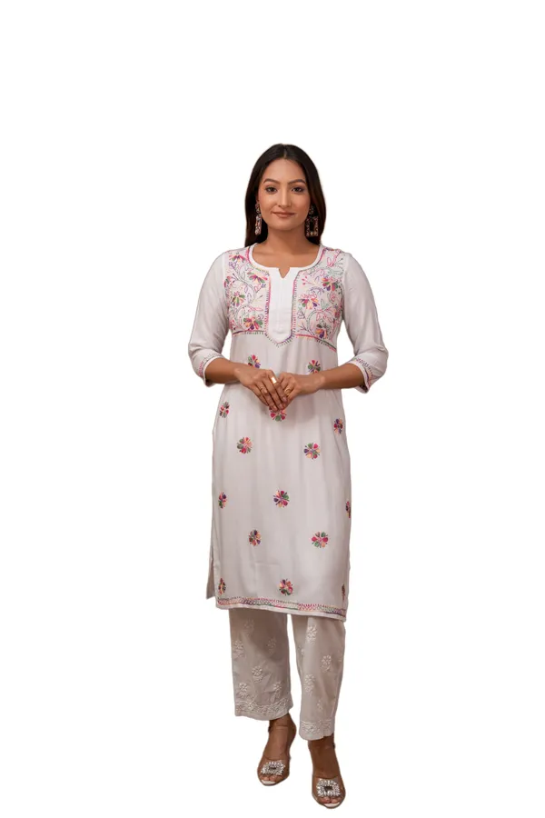 Multicolor_Chikankari_on_White_Kurti_for_Women
