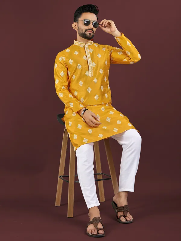 Yellow_Polyester_Printed_Kurta_For_Men