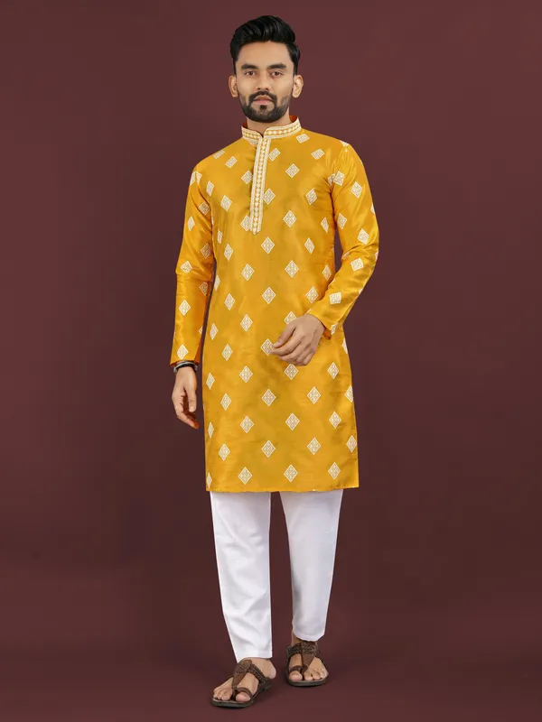 Yellow_Polyester_Printed_Kurta_For_Men