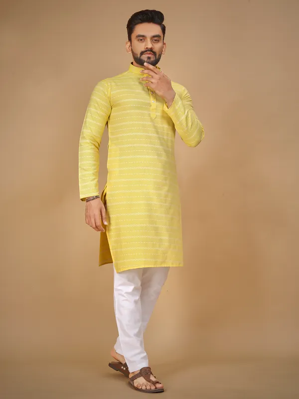 Yellow_Polyester_Printed_Kurta_For_Men