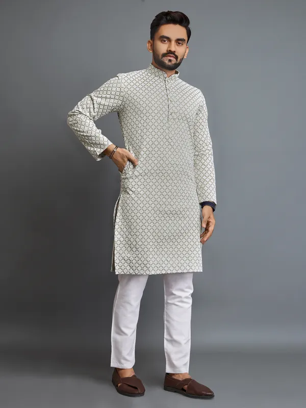 Light_Grey_Polyester_Printed_Kurta_For_Men