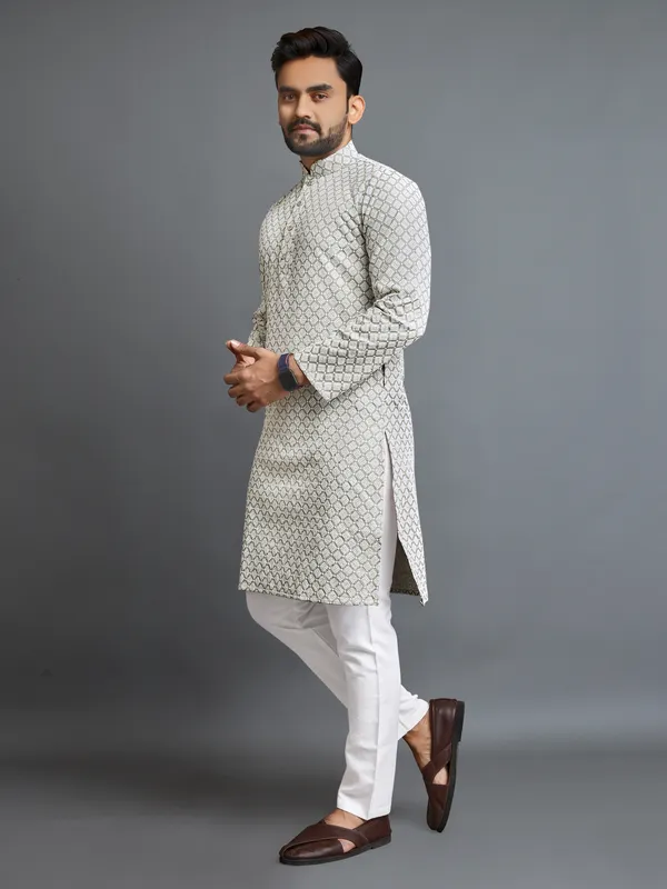 Light_Grey_Polyester_Printed_Kurta_For_Men