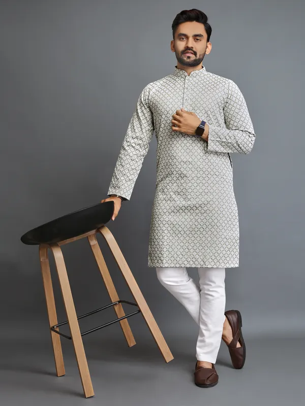 Light_Grey_Polyester_Printed_Kurta_For_Men