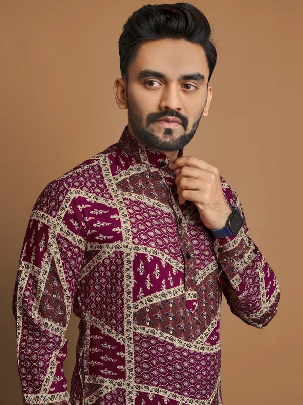 Maroon_Polyester_Printed_Kurta_For_Men