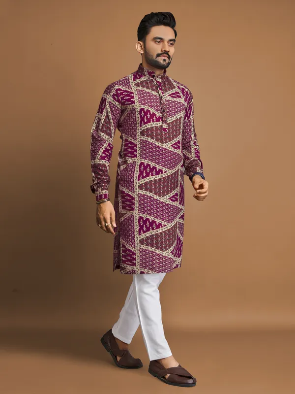 Maroon_Polyester_Printed_Kurta_For_Men