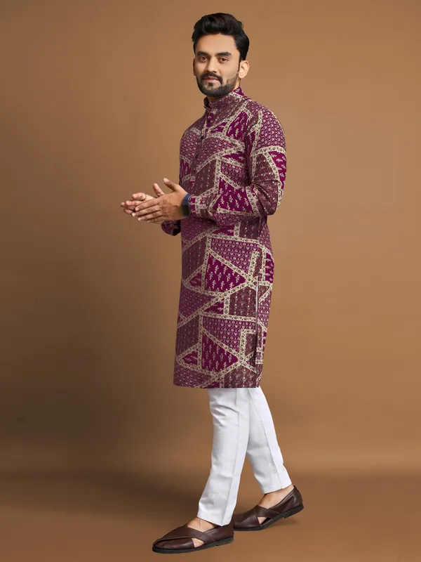 Maroon_Polyester_Printed_Kurta_For_Men