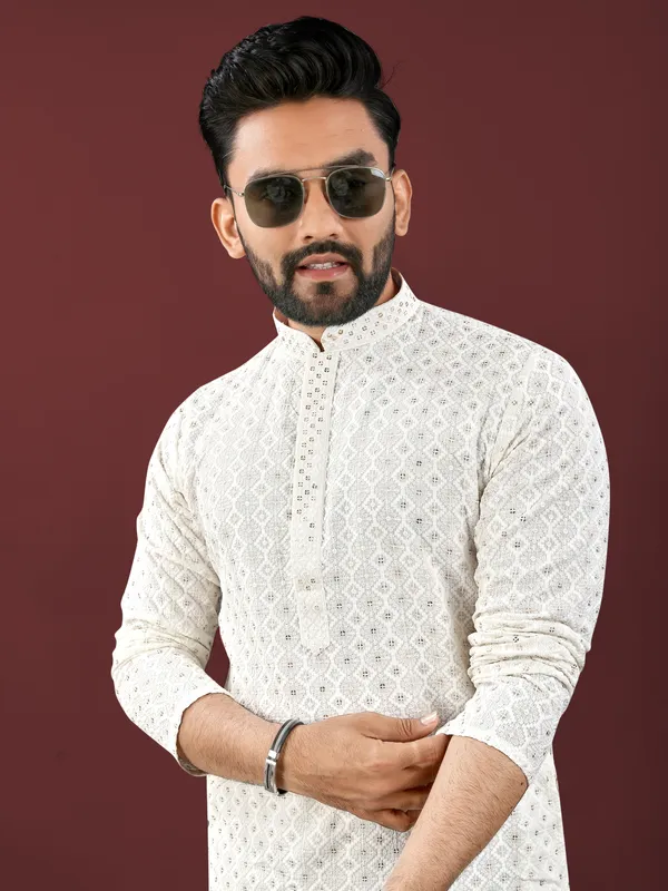 White_Polyester_Printed_Kurta_For_Men