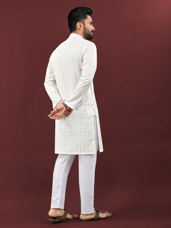 White_Polyester_Printed_Kurta_For_Men