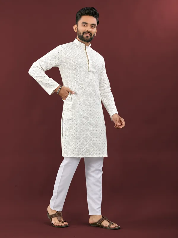White_Polyester_Printed_Kurta_For_Men