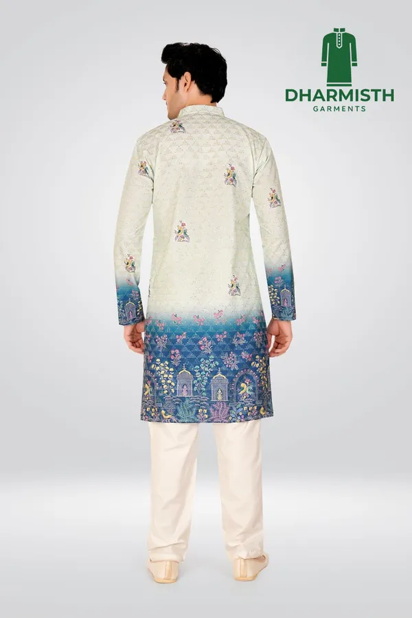 White_And_Blue_Polyester_Printed_Kurta_For_Men