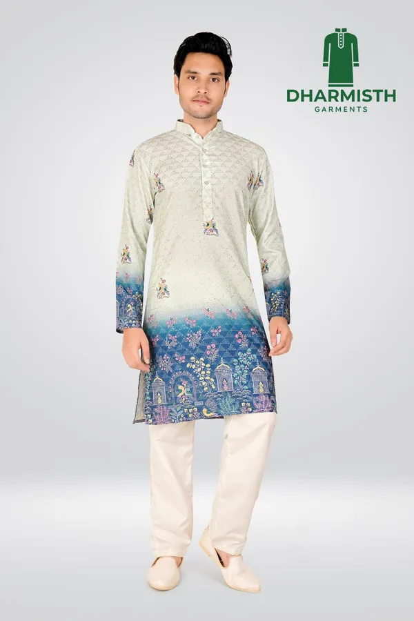 White_And_Blue_Polyester_Printed_Kurta_For_Men