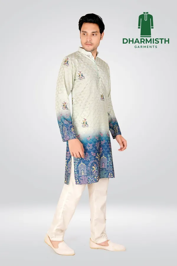 White_And_Blue_Polyester_Printed_Kurta_For_Men
