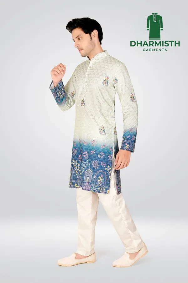 White_And_Blue_Polyester_Printed_Kurta_For_Men