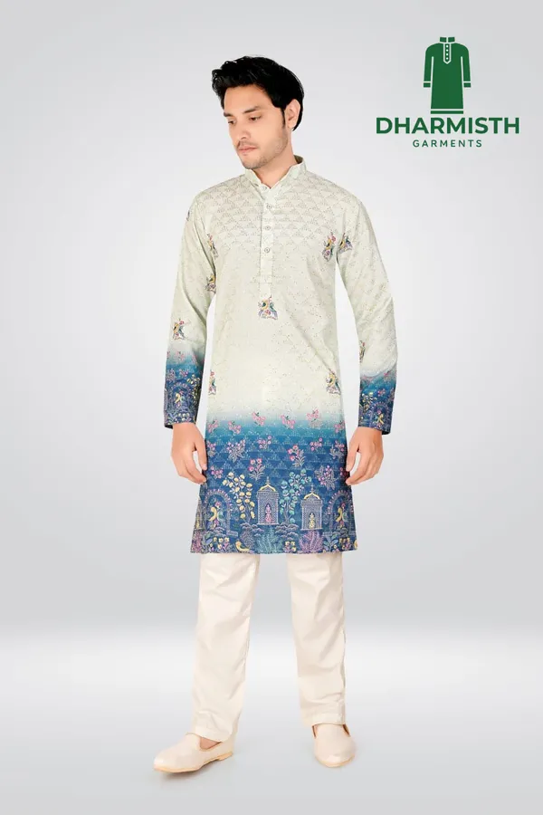 White_And_Blue_Polyester_Printed_Kurta_For_Men