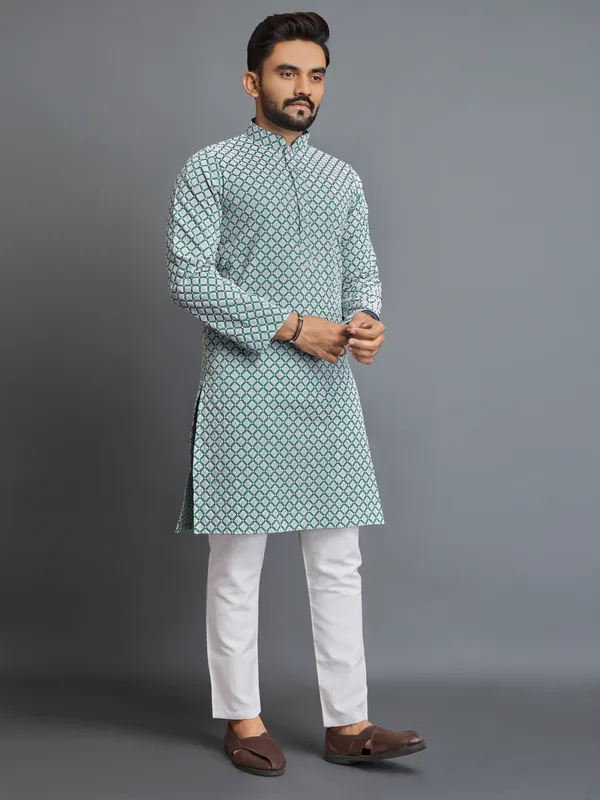 Mint_Green_Polyester_Printed_Kurta_For_Men
