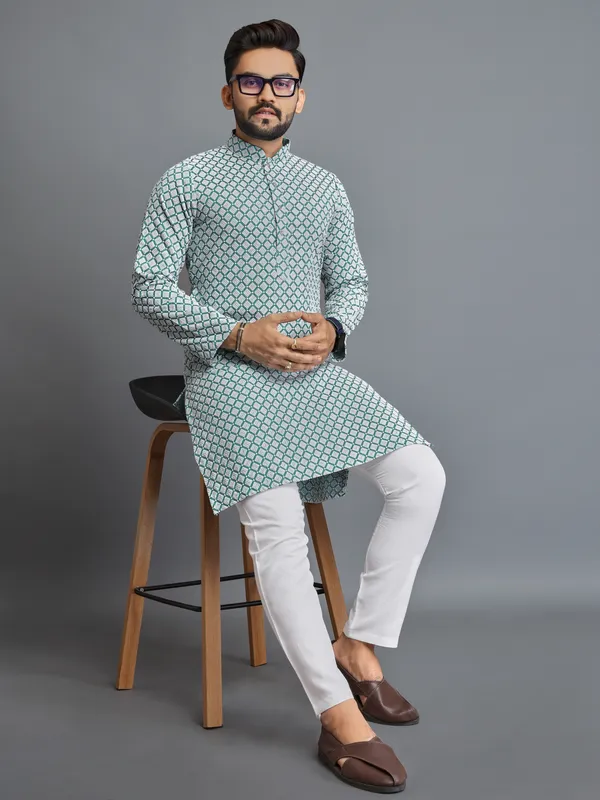 Mint_Green_Polyester_Printed_Kurta_For_Men