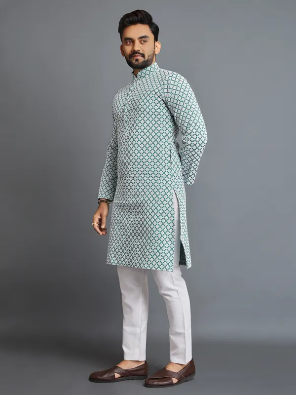 Mint_Green_Polyester_Printed_Kurta_For_Men