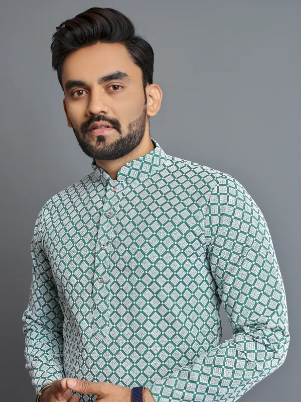 Mint_Green_Polyester_Printed_Kurta_For_Men