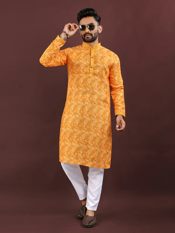 Yellow_Polyester_Printed_Kurta_For_Men
