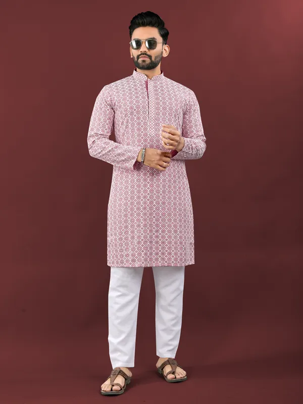 Mild_Pink_Polyester_Printed_Kurta_For_Men