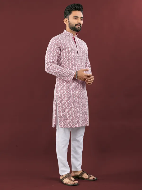 Mild_Pink_Polyester_Printed_Kurta_For_Men