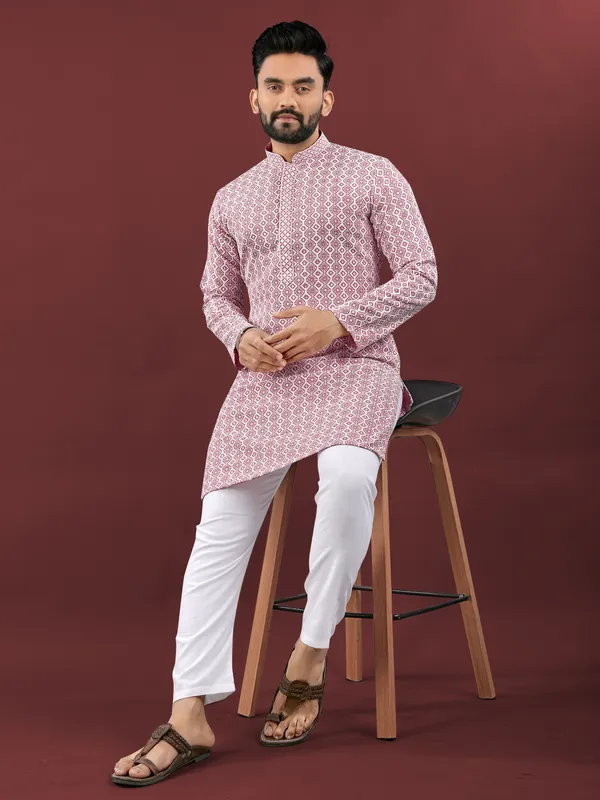 Mild_Pink_Polyester_Printed_Kurta_For_Men